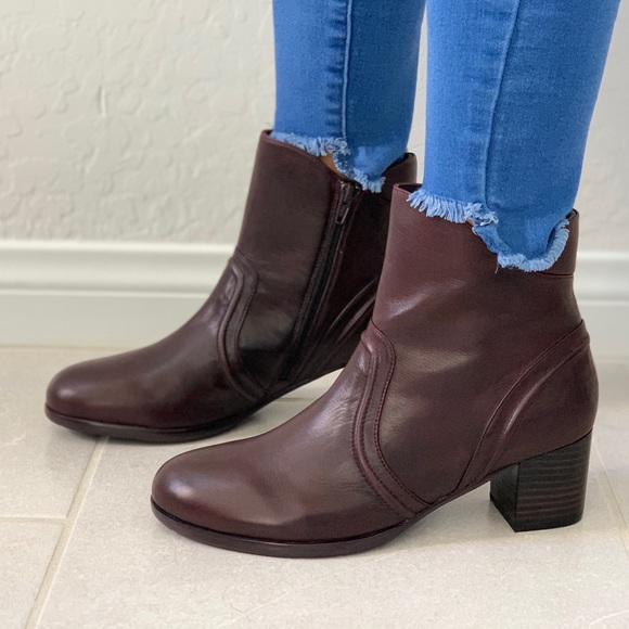 Red Wine Leather Chunky Heeled Combat Moto Boots - Picture 4 of 7